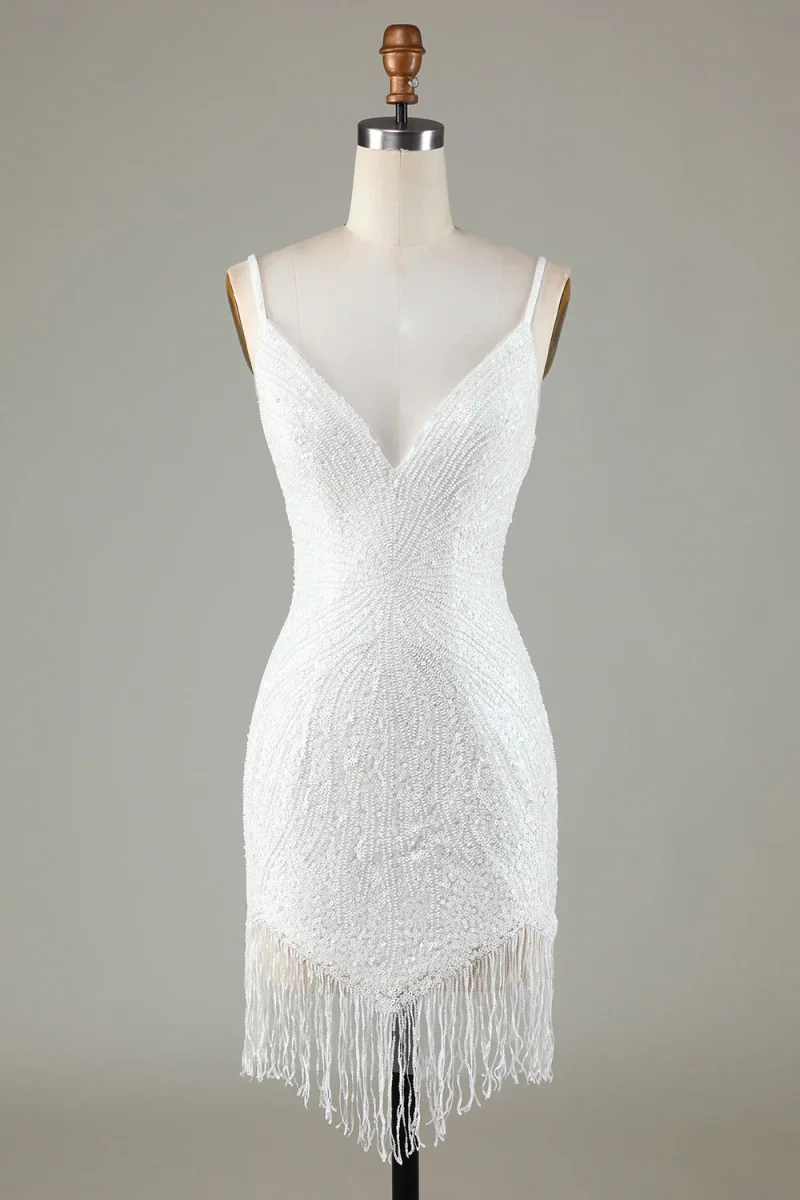 White Spaghetti Strap Sparkly Bodycon Homecoming Dress with Lace-Up Back