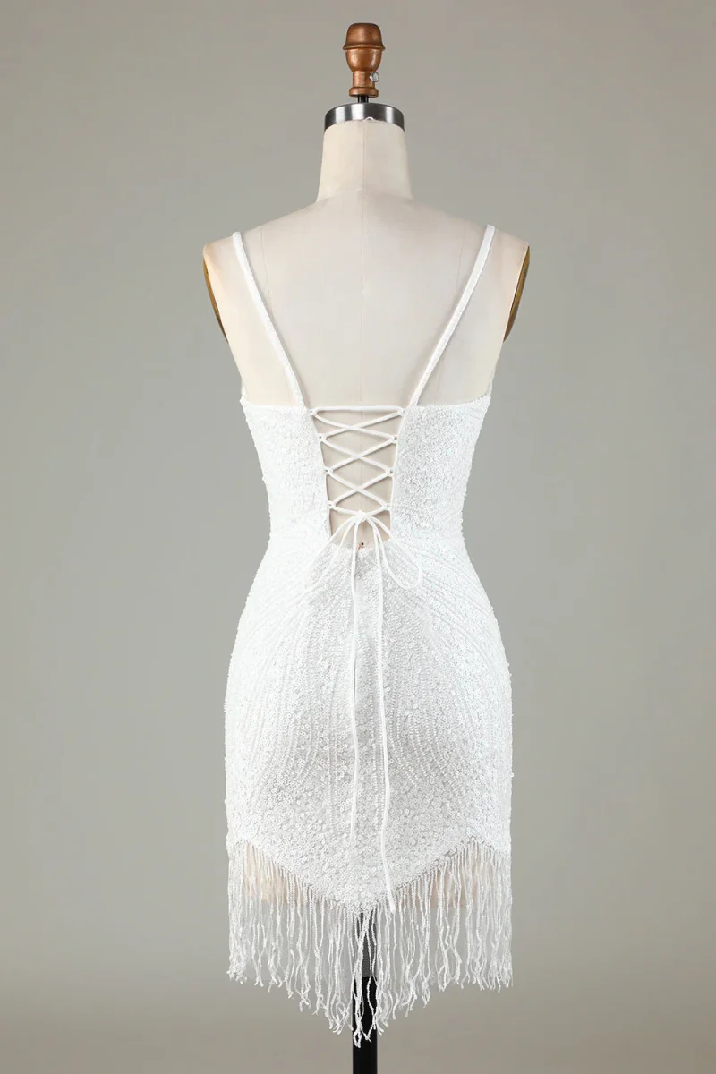 White Spaghetti Strap Sparkly Bodycon Homecoming Dress with Lace-Up Back - Bild 3