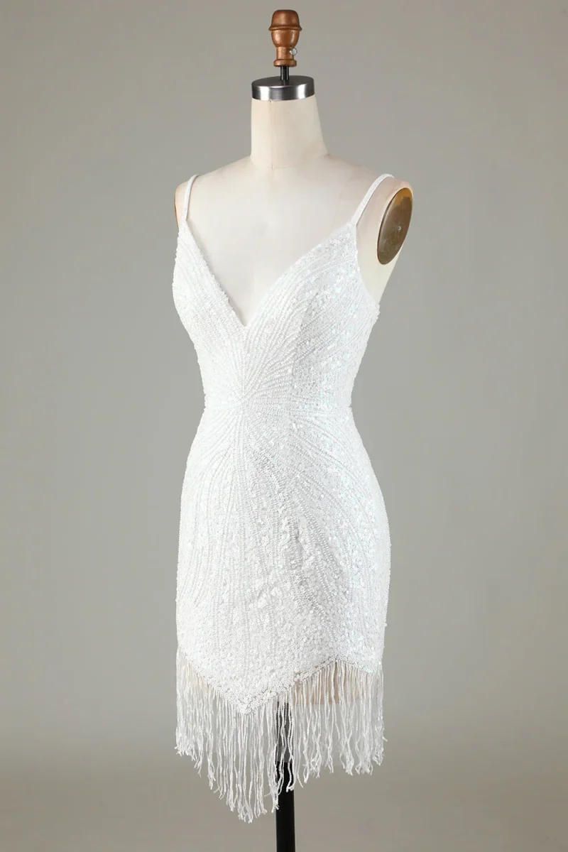 White Spaghetti Strap Sparkly Bodycon Homecoming Dress with Lace-Up Back - Bild 4