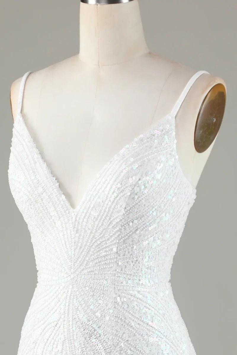 White Spaghetti Strap Sparkly Bodycon Homecoming Dress with Lace-Up Back - Bild 6
