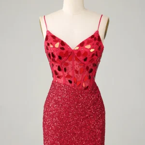 Red Sparkly Corset Sequin Mirror Tight Homecoming Dress