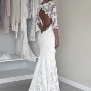 Öppen rygg spets Vintage sjöjungfru lång bröllopsklänning med ärmar