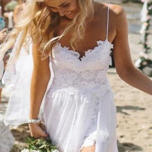 Spets Top Spaghetti Strap Chiffong White Beach Bröllopsklänning