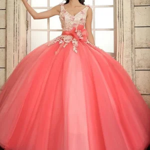 Watermelon V Neck Contrast Color Ball Gown Quinceanera Dress