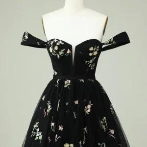 Elegant Black Off-the-Shoulder A-Line Homecoming Dress with Floral Accents