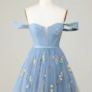 Grey Blue Sweetheart A-Line Homecoming Dress with Floral Embroidery