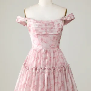 Elegant Blush Printed A-Line Homecoming Dress with Ruffles and Tulle
