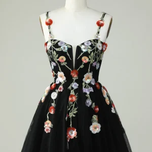 Elegant Black Sequin Spaghetti Strap A-Line Homecoming Dress with Floral Appliques