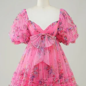 Hot Pink Floral Printed Homecoming Dress with Bow - Short Party Dress
