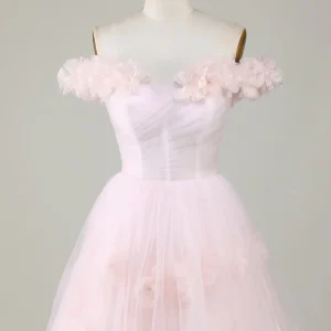 Pink Off-the-Shoulder A-Line Homecoming Dress with Floral Details Elegant Style