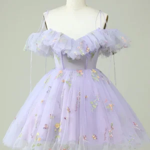 Lavender Off-Shoulder Corset Homecoming Dress with Ruffles - Elegant & Charming