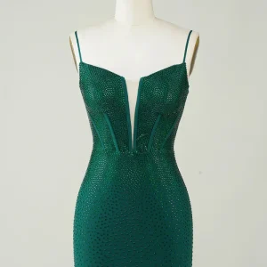 Dark Green Sparkly Bodycon Spaghetti Strap Homecoming Dress with Beading