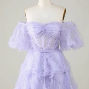 Off The Shoulder A-Line Tulle Corset Homecoming Dress - Purple Perfection