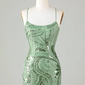 Sparkly Green Sheath Homecoming Dress with Spaghetti Straps and Criss-Cross Back