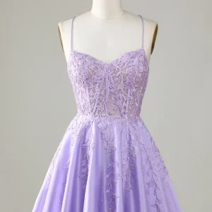 Purple Corset A-Line Satin Short Homecoming Dress with Delicate Lace