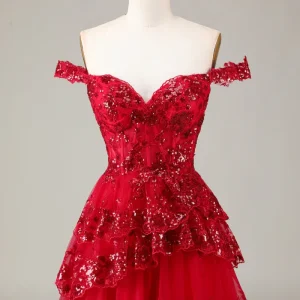 Sparkly Red Corset Tiered Lace A-Line Homecoming Dress for Women