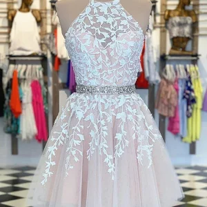 Elegant Halter Neck Short A-Line Prom Dress with Belt and Lace Appliques