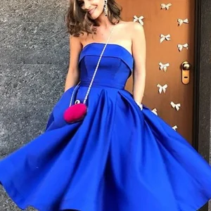Royal Blue Satin Tea Length A-Line Prom Dress with Pockets