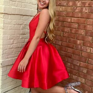 Elegant A-Line V-Neck Open Back Short Red Prom Homecoming Dress for Women