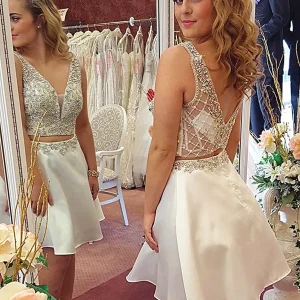 A-Line V-Neck Short Two Piece Beaded Prom Dress Champagne Formal Homecoming Outfit