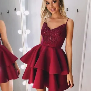 A-Line V-Neck Short Pink Burgundy Lace Prom Homecoming Graduation Dress