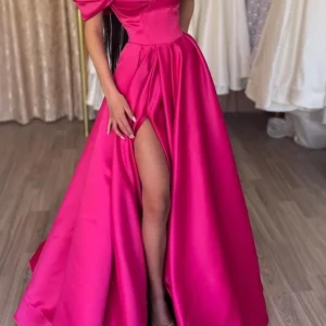 Stunning Fuchsia A-Line Portrait Prom Dress with High Split and Off-Shoulder Design