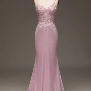 Elegant Pink Spaghetti Strap Shining Sleeveless Prom Dress Gown for Women