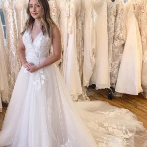 Elegant V-Neck A-Line Lace Appliqued Tulle Wedding Dress Sleeveless