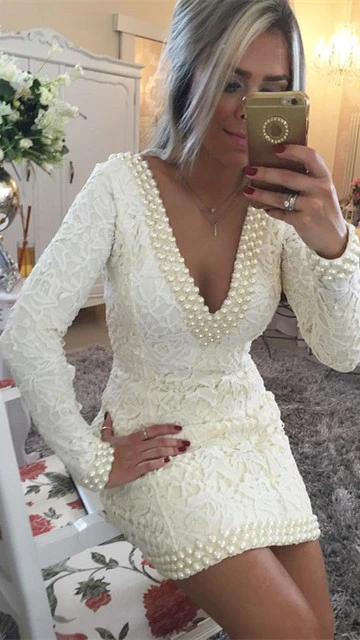 Elegant Mini Sheath V-Neck Lace Backless Homecoming Dress with Long Sleeves - Bild 4