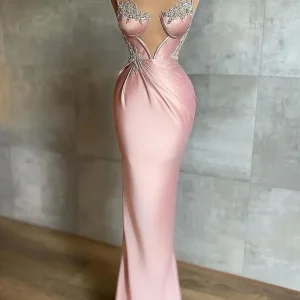 Elegant Pink Spaghetti Strap Prom Dress with Beading, Perfect for Special Occasions