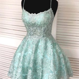 Elegant Mint Green Lace Prom Dress with Straps, Backless Design for Homecoming