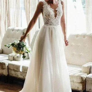 Elegant Strappy V-Neck A-Line Sleeveless Backless Wedding Dress with Lace