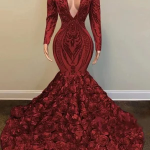 Wine Red V-Neck Long Sleeve Mermaid Prom Dress with Floral Bottom