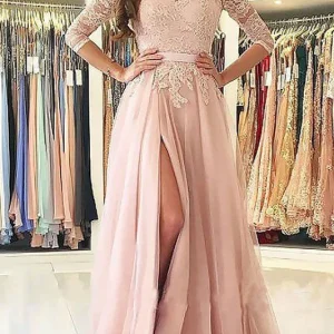 Elegant Pink 3/4 Sleeves Prom Dress with Thigh-High Split