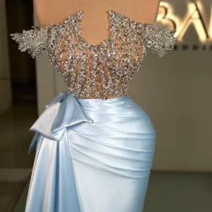 Elegant Off-Shoulder Beaded Ruched Satin Long Prom Dress for Special Occasions