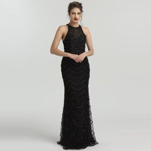 Sparkling Black Sequin Tulle Mermaid Prom Dress: Elegant Sleeveless Design for Special Occasions