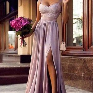 Elegant Pink Lace Spaghetti-Straps Prom Dress, Flowing Chiffon, Sweetheart Neckline, Maxi Gown