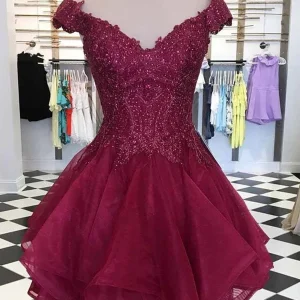 Burgundy Lace Short Prom Homecoming Dress with Cap Sleeves Evening Gown