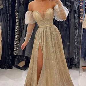 Stunning Champagne Sequin V-Neck Prom Dress with Elegant Long Sleeves and Front Split