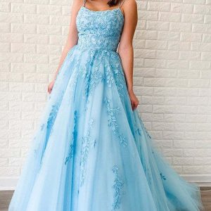 Sky Blue Spaghetti Straps Appliqued Evening Dress - Elegant Formal Gown
