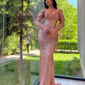 Elegant V-Neck Long Sleeves Mermaid Prom Dress with Sequins and Split