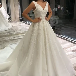 Elegant A-Line V-Neck Lace Wedding Dress, Sleeveless, Long, with Court Train