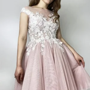 Elegant Pink Lace Prom Dress, Cap Sleeves, Round Neck, Short Formal Homecoming Gown