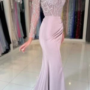 Charming Beaded Scoop Neck Ruched Satin Long Sleeves Prom Dress