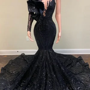 Svart Asymmetrisk One-Shoulder Paljett Sjöjungfru Lång Balklänning
