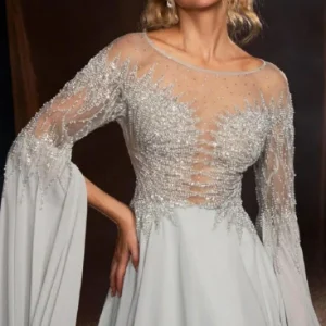Elegant Chiffon Beaded Appliques Lace A-Line Long Sleeves Prom Dress