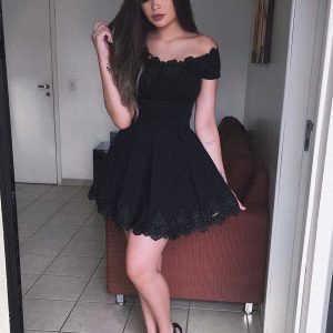 Cute Off Shoulder Lace Black Short Prom Homecoming Formal Evening Dress