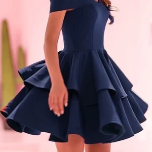 Elegant Off-Shoulder Layered Navy Blue & Red Prom Dress for Homecoming & Evening Parties
