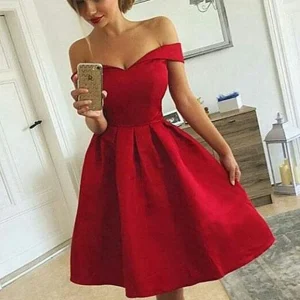 Charming Off-Shoulder Red Satin Short Prom Dress Homecoming Graduation Formal