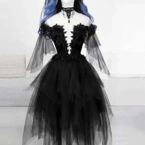 Elegant Off-Shoulder Black Lace Prom Dress with Fluffy Skirt for Homecoming